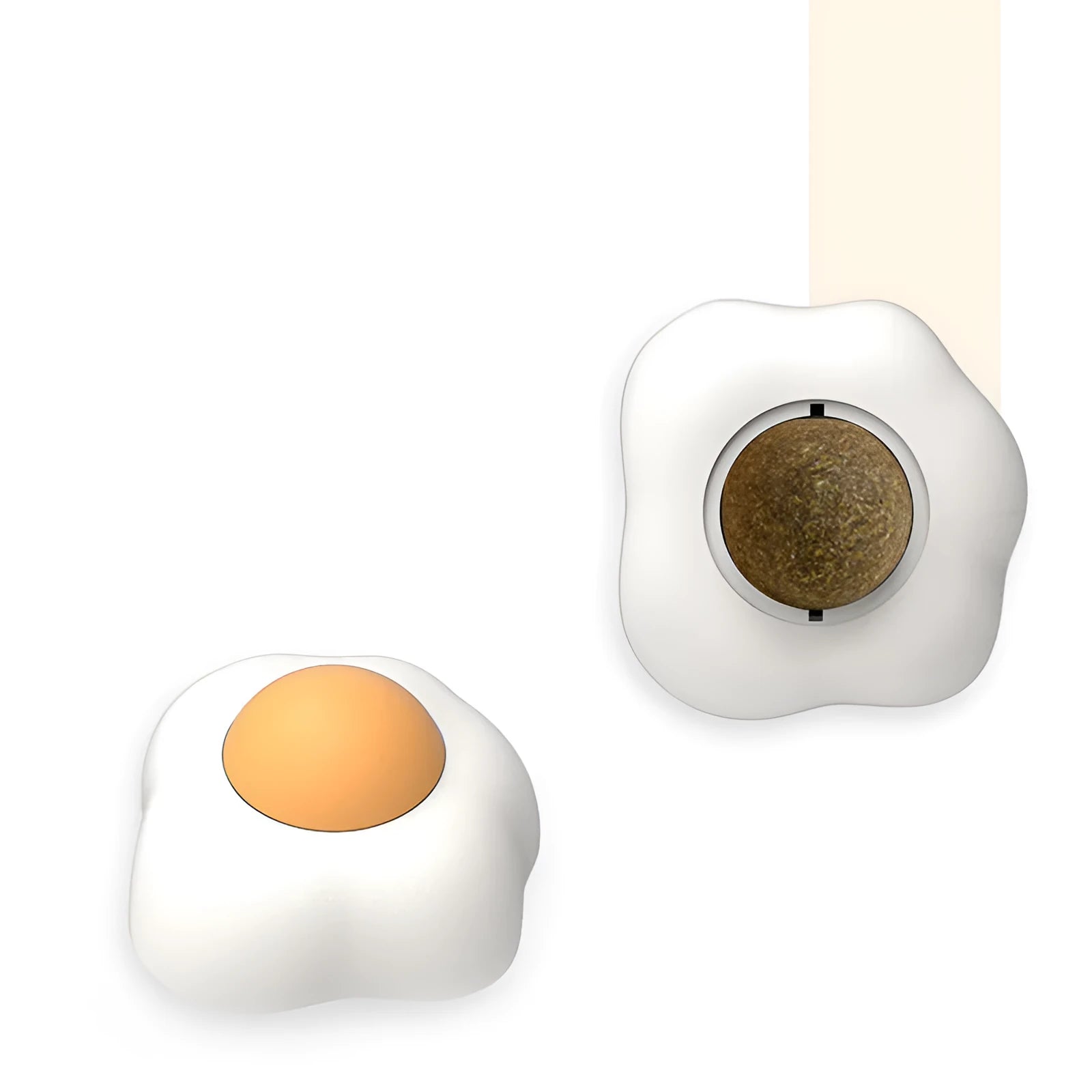 Soft plush catnip ball toy in fried egg and poached egg shapes for wall-mounted cat play