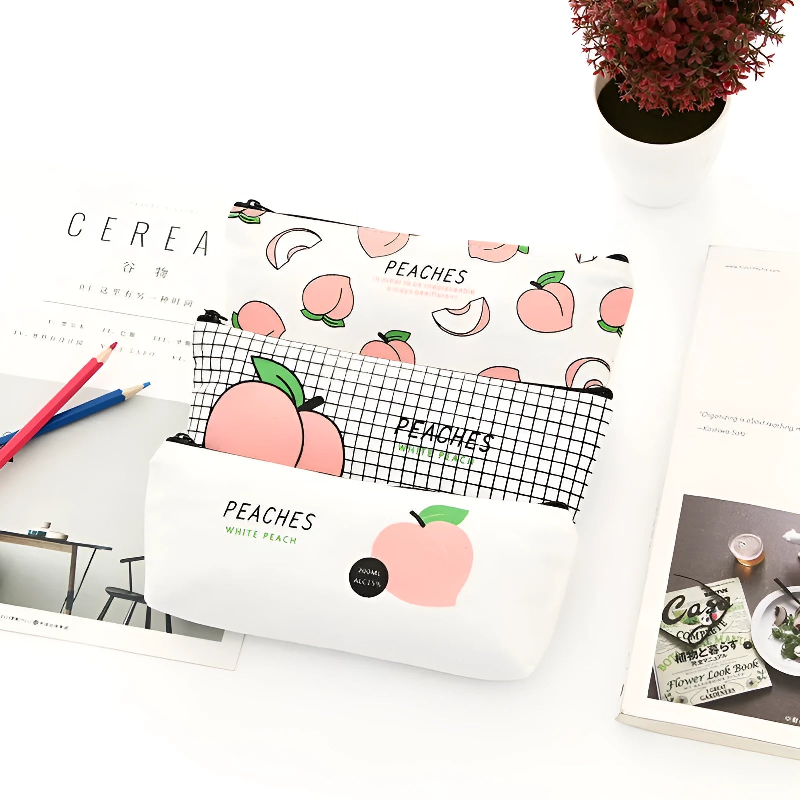 Rectangular canvas pen bag in peach print pattern, 20 by 8.5 centimetres, on a flat surface.