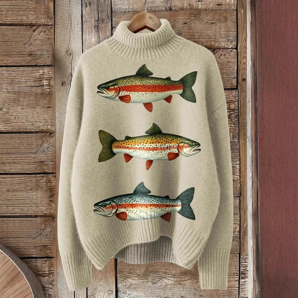 Women's printed Christmas turtleneck sweater in macaron colours with loose fit and long sleeves