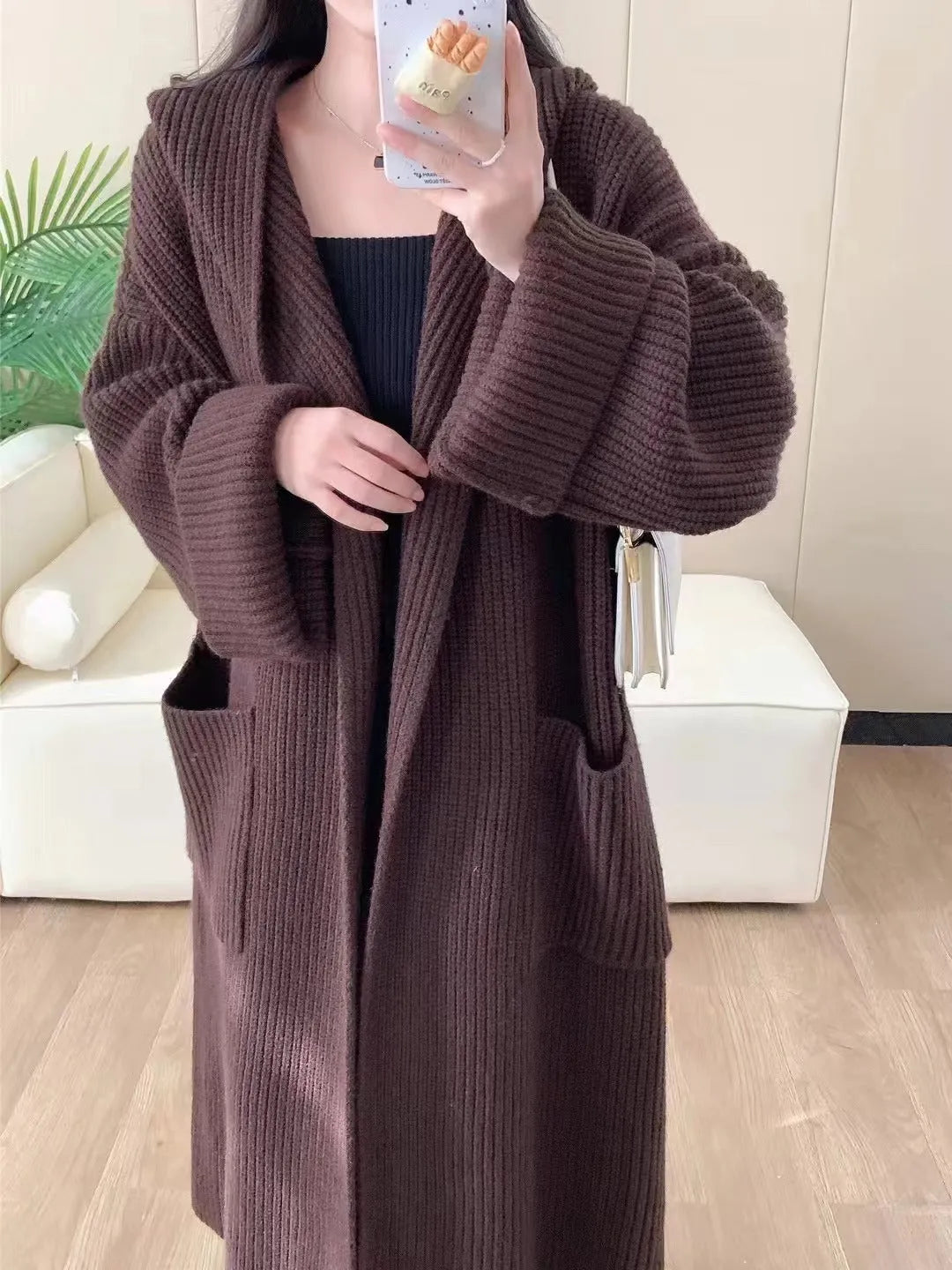 Women's loose hooded acrylic cardigan coat with raglan sleeves in milky white colour