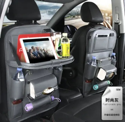 PU leather car seat back hanging organiser with pockets and built-in waste bin in multiple colour options.