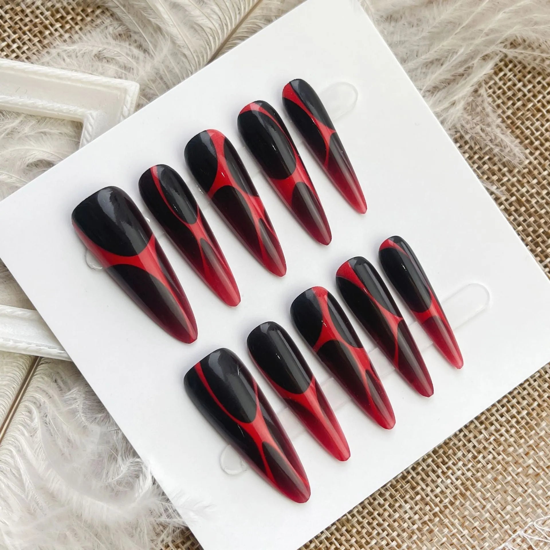 Wave line gradient long tip nail tips set in glossy finish, 40 pieces for 4 pairs of nails