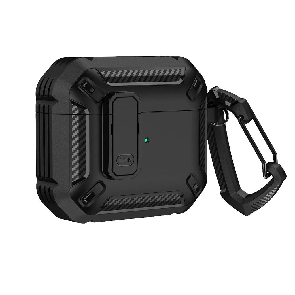 Protective clamshell case for AirPods with hook attachment in two-colour plastic design