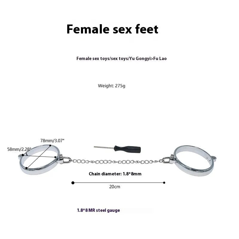 Silver zinc alloy handcuffs and footcuffs set with stainless steel detailing for adult role-play
