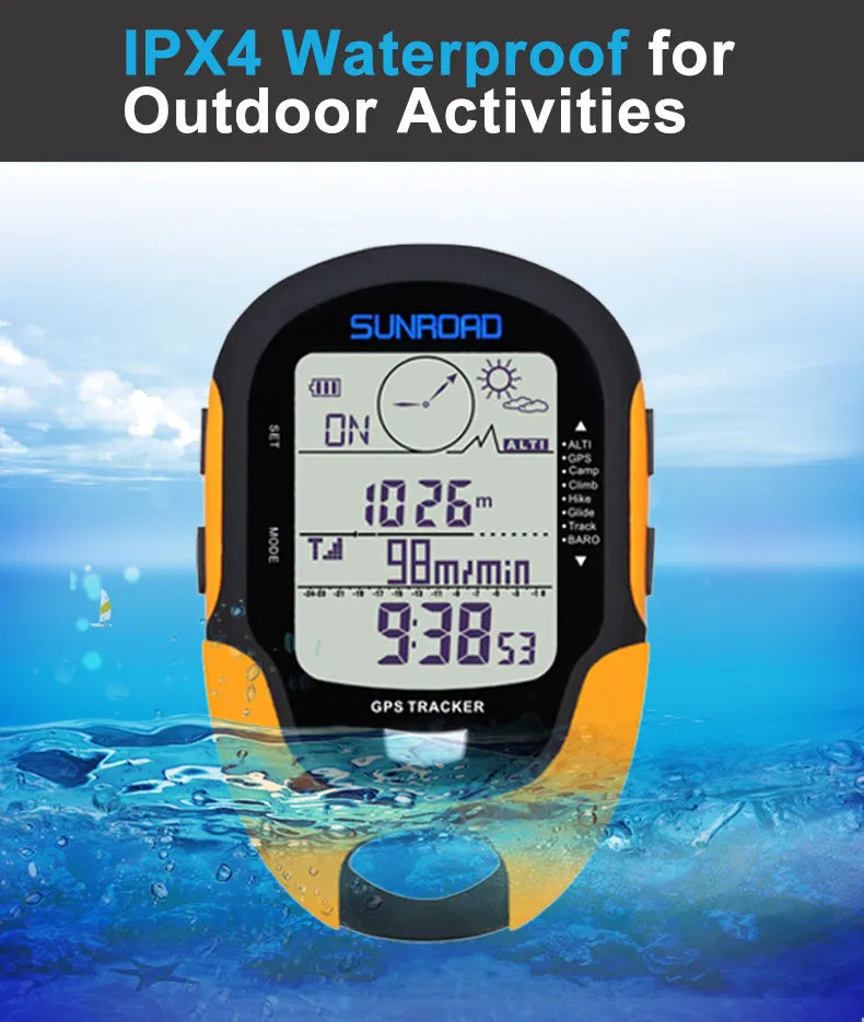 Yellow outdoor navigation altimeter with electronic compass and air pressure display on a rock