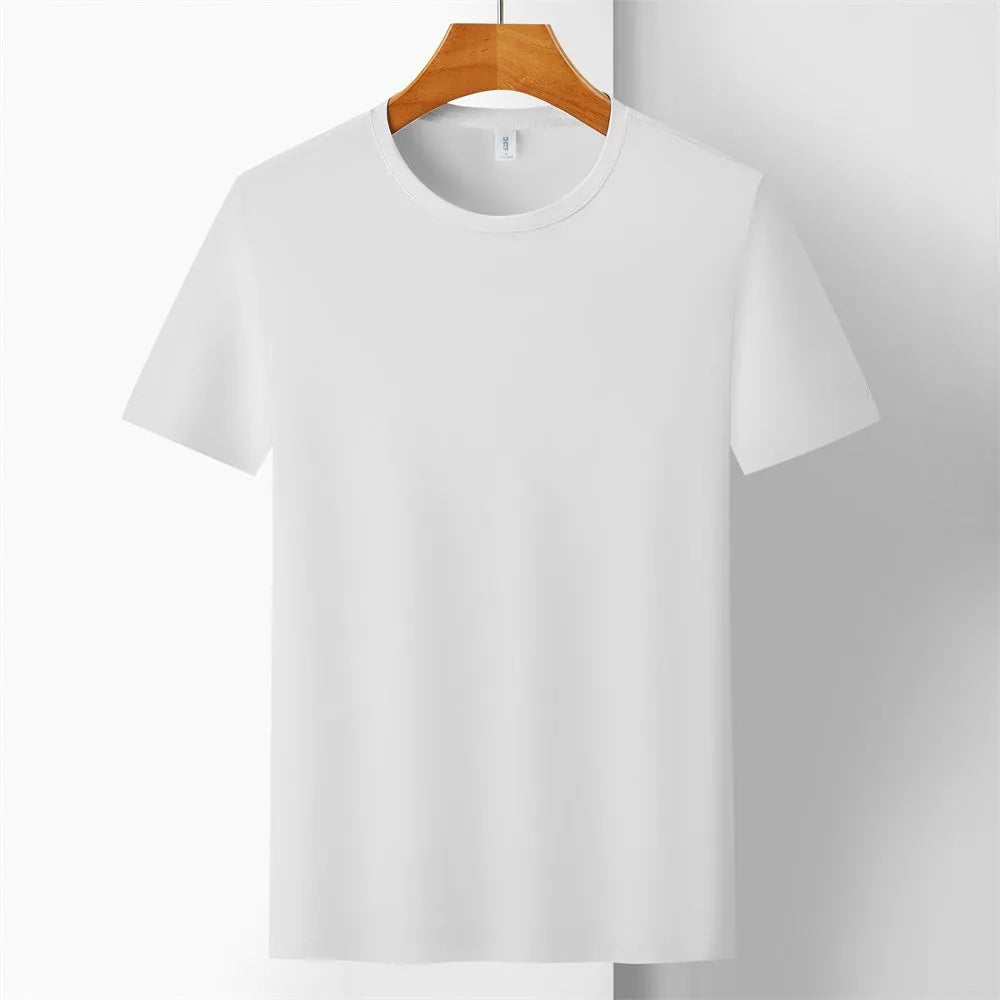 Ice Silk quick-dry antibacterial anti-UV slim-fit T-shirt in solid colours on a hanger.