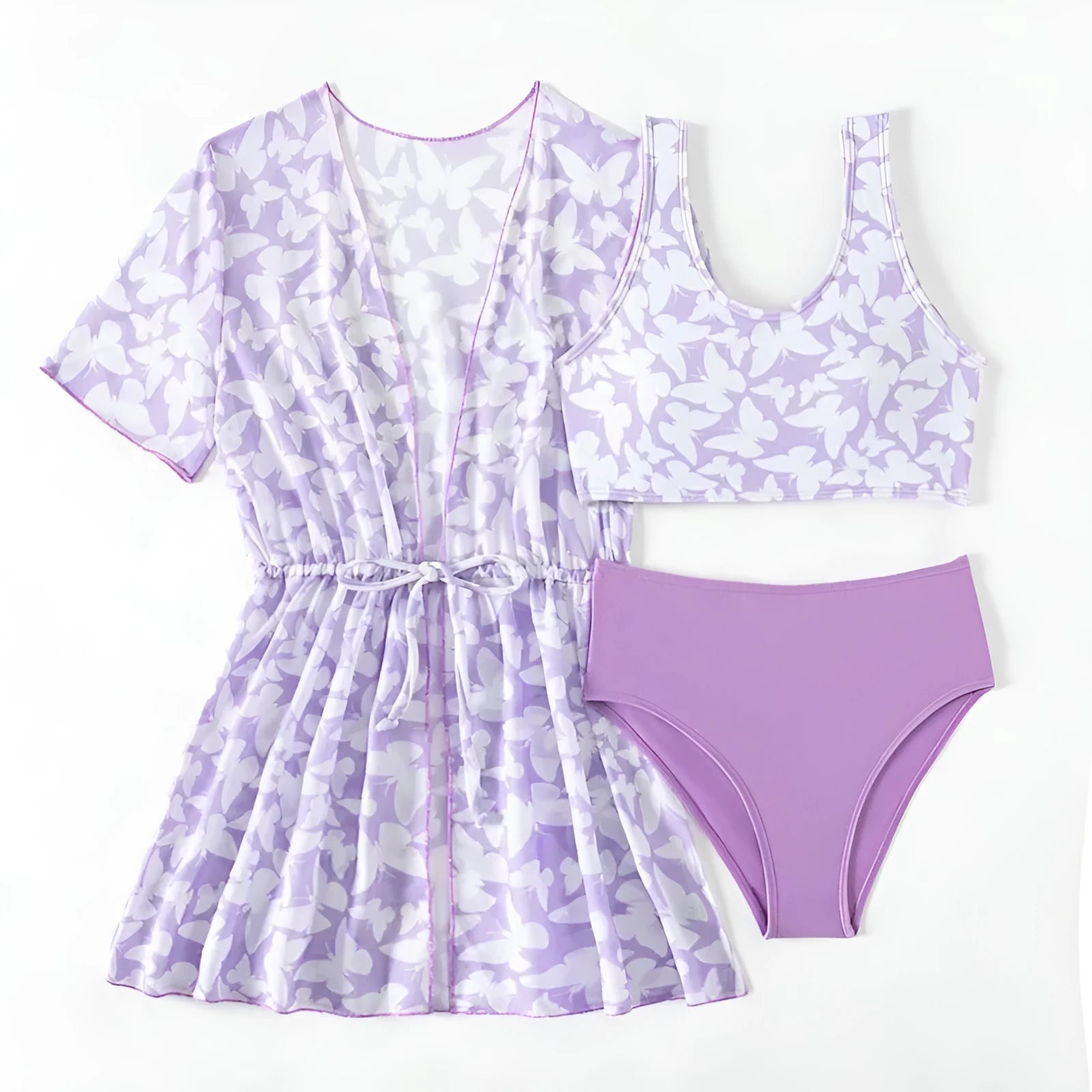 Girls three piece polyester swimsuit set comprising a coat, vest, and pants in colour 3218