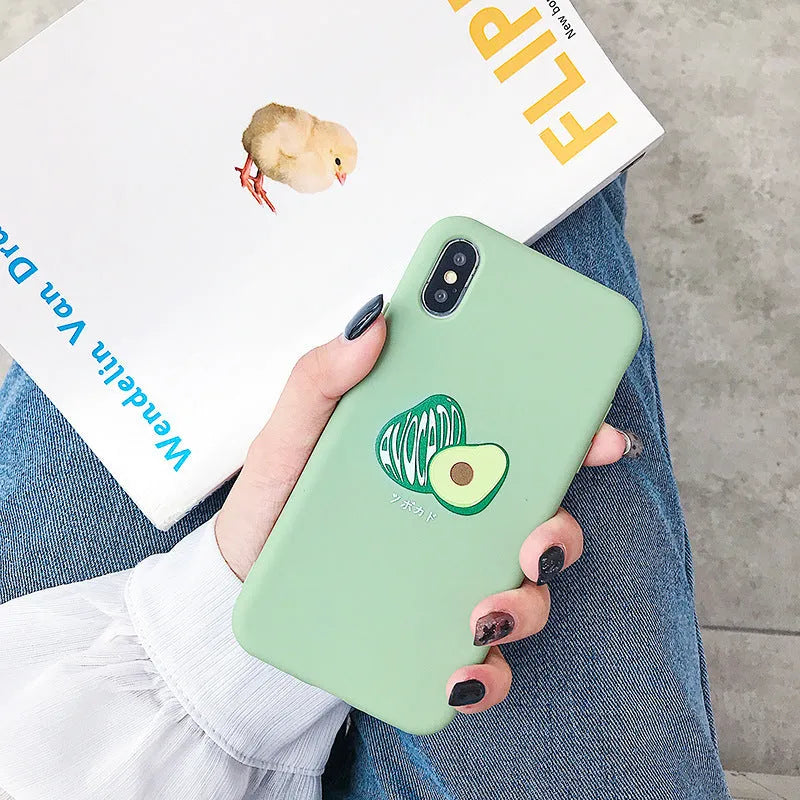 A green cartoon avocado design on a flexible TPU phone case for iPhone and Android models.
