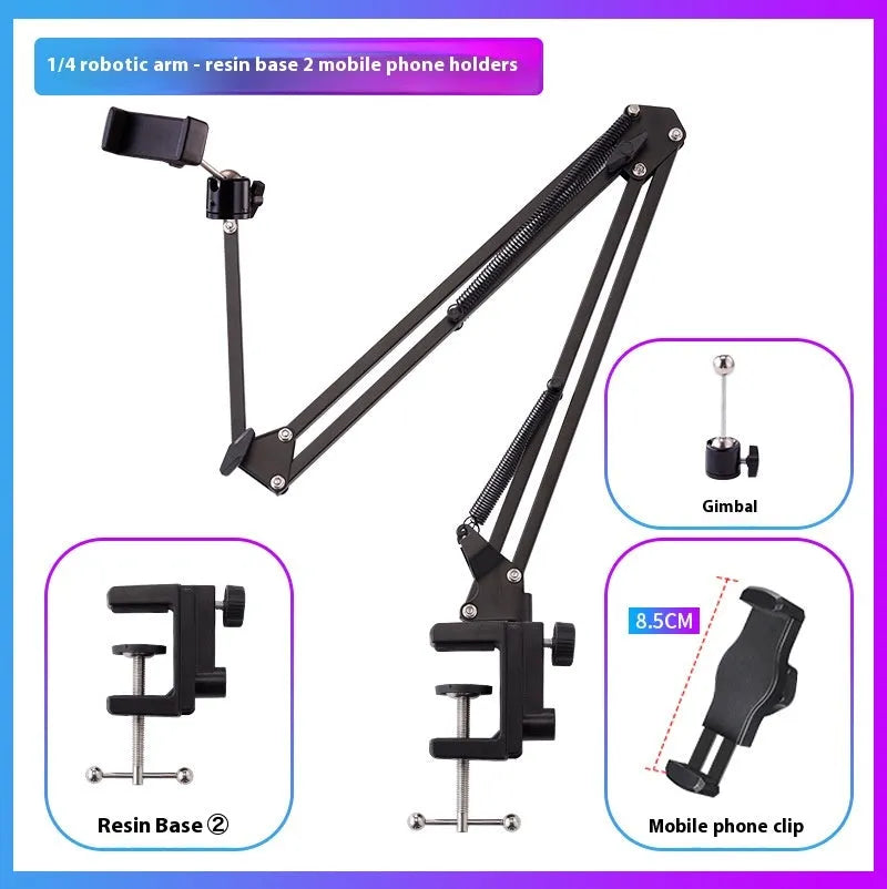 Foldable metal desktop lazy bracket with tablet clip and 360° rotation arm on a desk