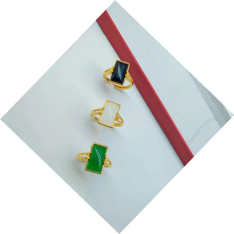 Adjustable gold-plated brass ring with artificial gemstone in national style design