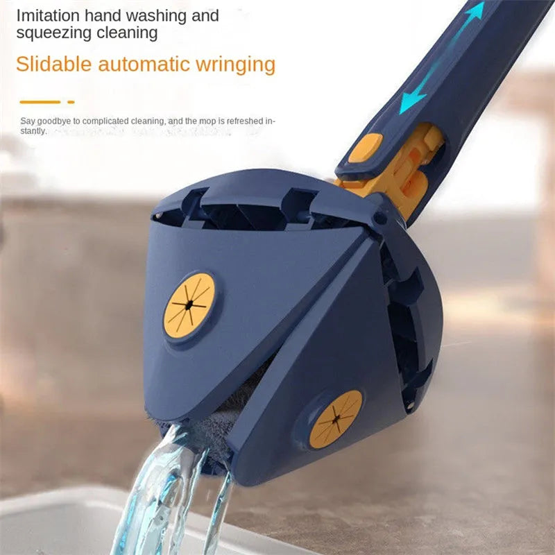 Blue triangle cleaning mop with rotating head and extendable stainless steel pole on a tiled floor