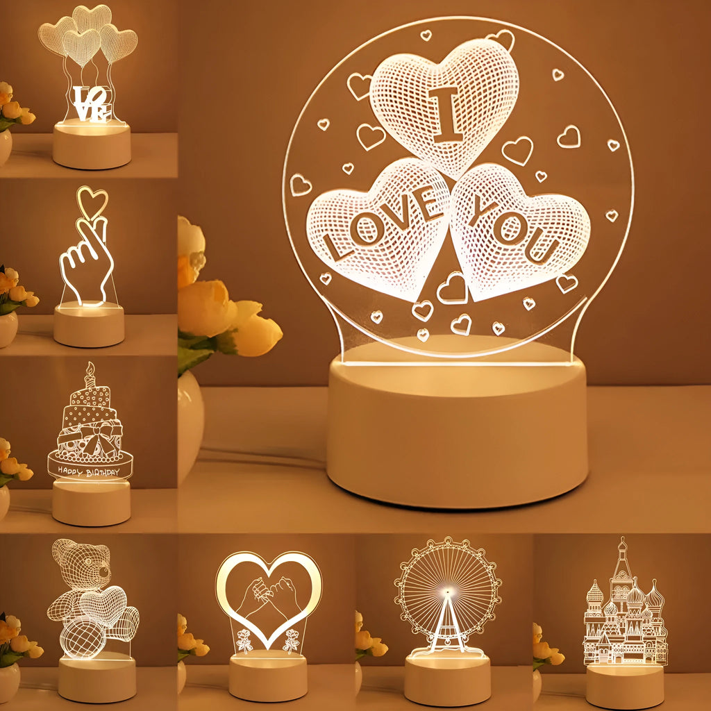 3D acrylic USB LED night light with warm white illumination and transparent panel