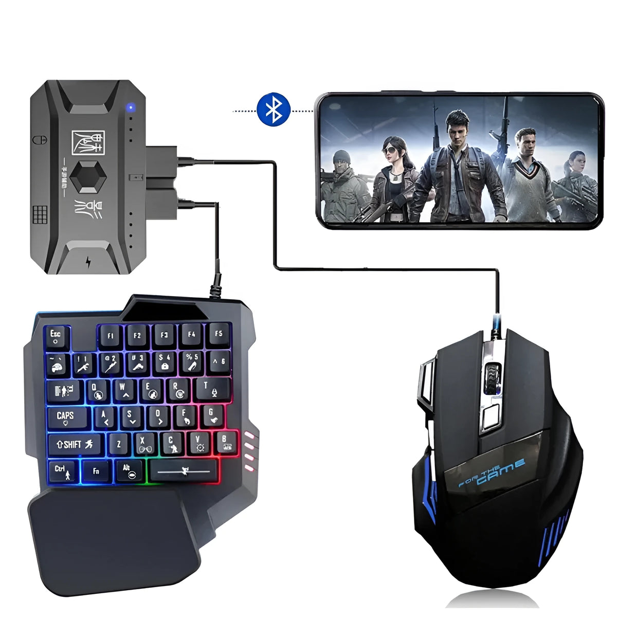 Mobile gaming keyboard mouse converter in grey ABS plastic for Android and Apple devices