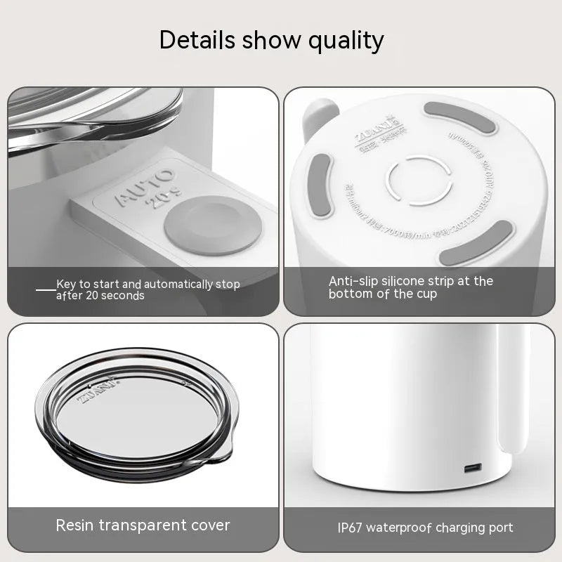 White automatic stirring coffee cup with magnetic base and 360ml capacity