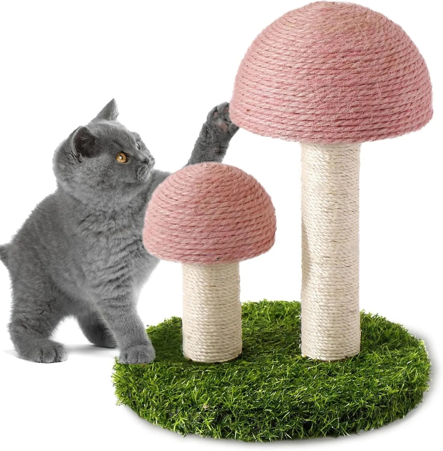 Pink mushroom-shaped cat scratching post with natural sisal caps and pole for small cats
