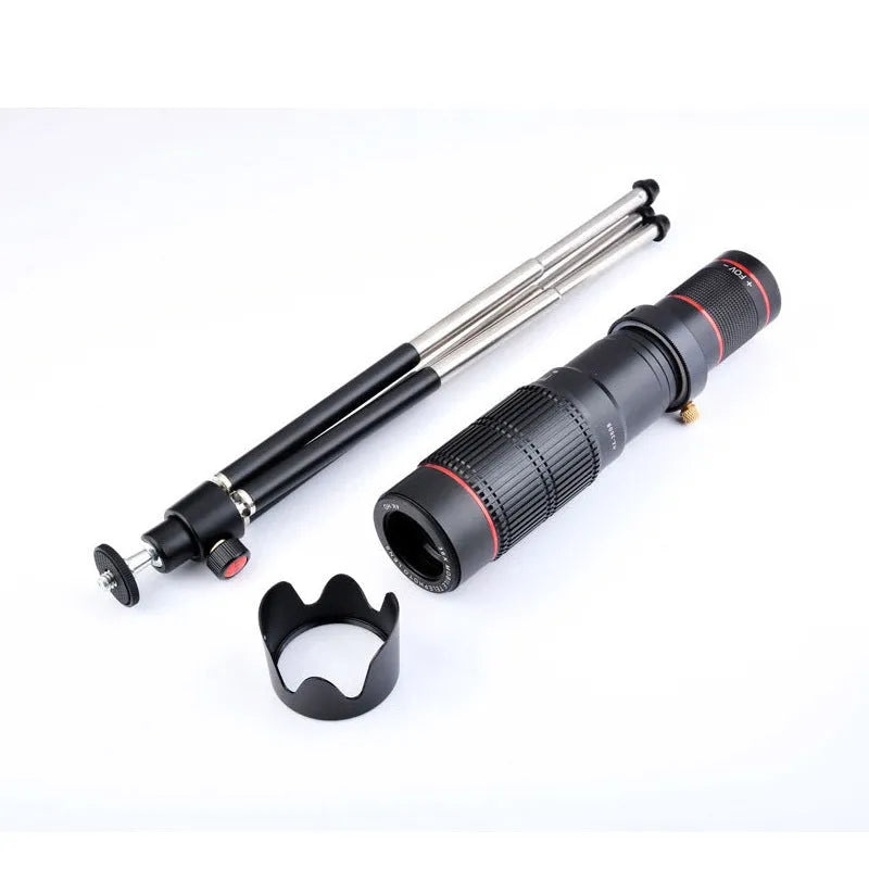 Black 36x telephoto mobile phone telescope with universal clip mount on a smartphone