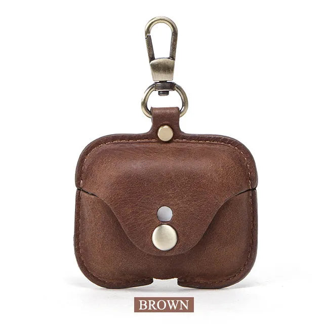 Brown leather AirPods Pro clamshell case with crazy horse pattern texture