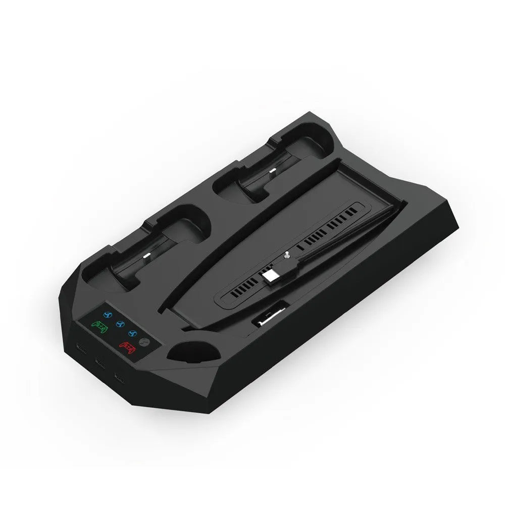 White PS5 charging base dock with two controllers charging and headset storage hook