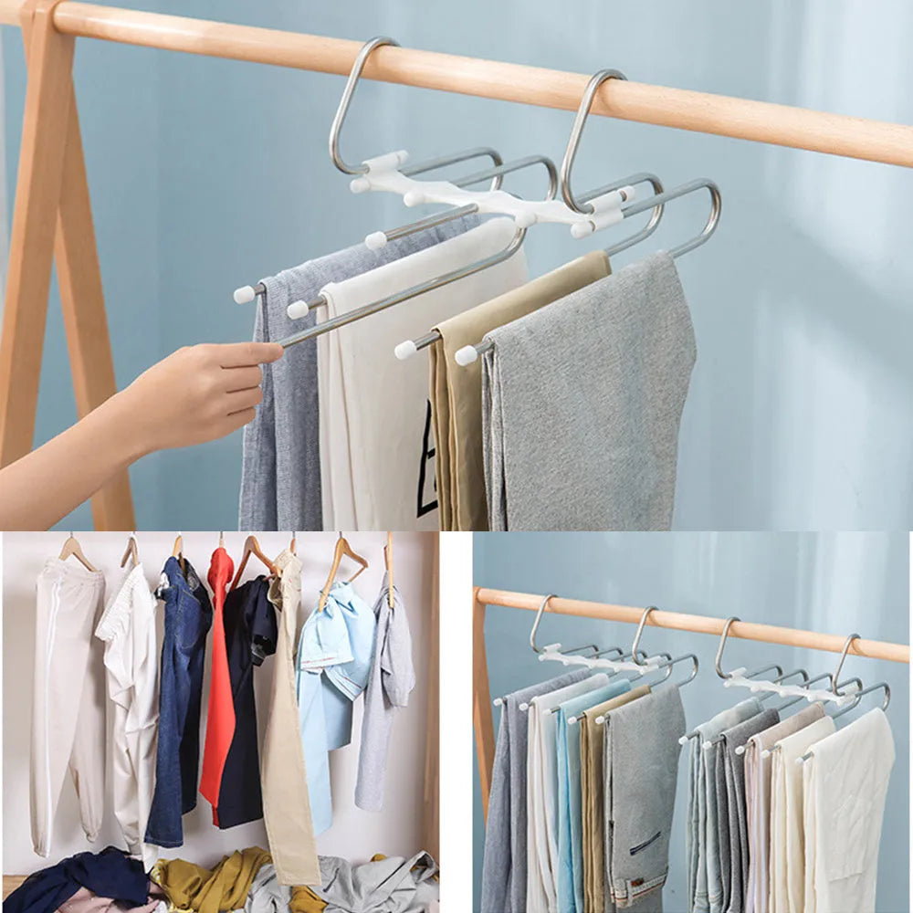 Black stainless steel five-boom trouser hanger showing level and vertical hanging options.