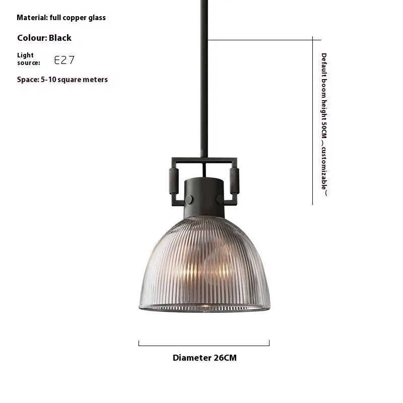 American retro striped glass chandelier with copper metal frame and transparent glass cover, 36cm diameter