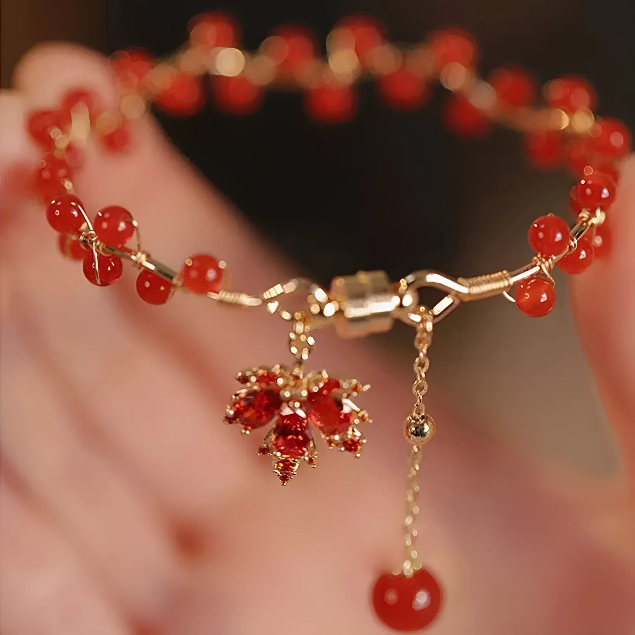Red Chinese style magnetic therapy bracelet with maple leaf and ginkgo leaf alloy design