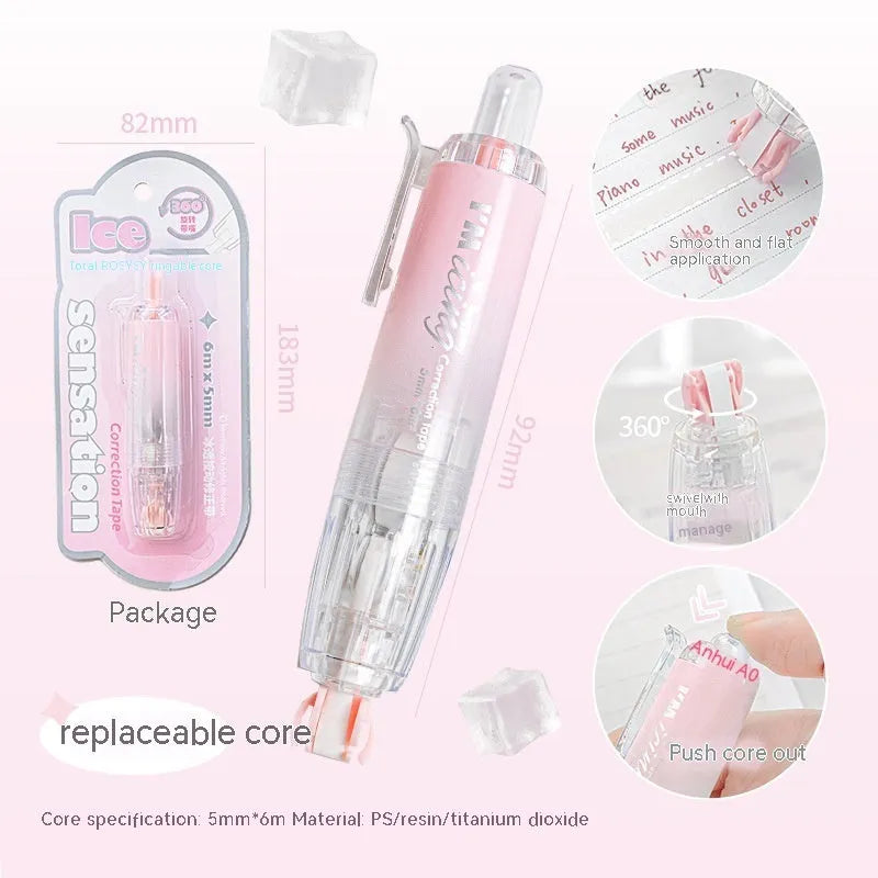 Press correction tape in white colour showing applicator and tape head, compact 5x6cm size