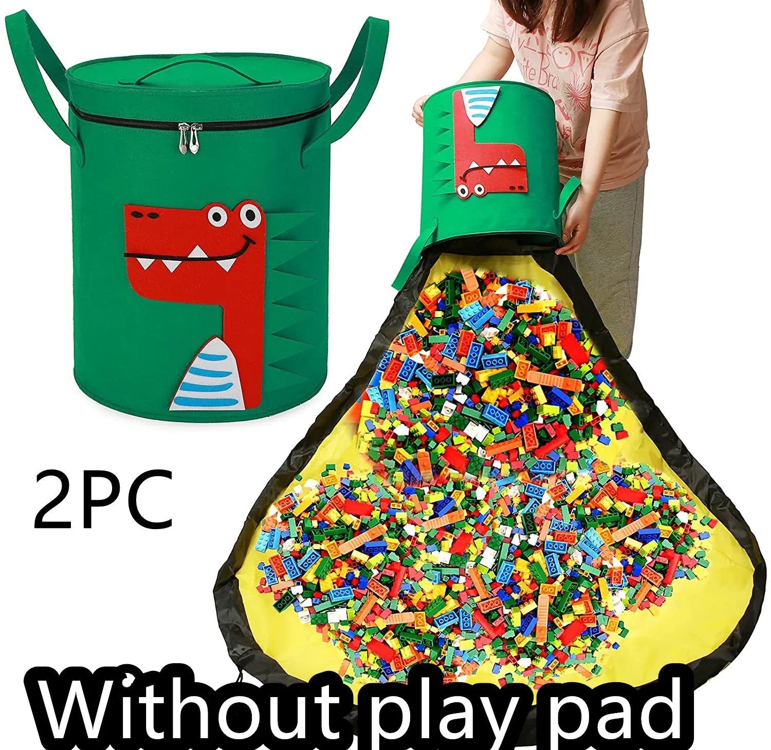 Green felt cube storage bag with pull rope closure shown as toy play mat
