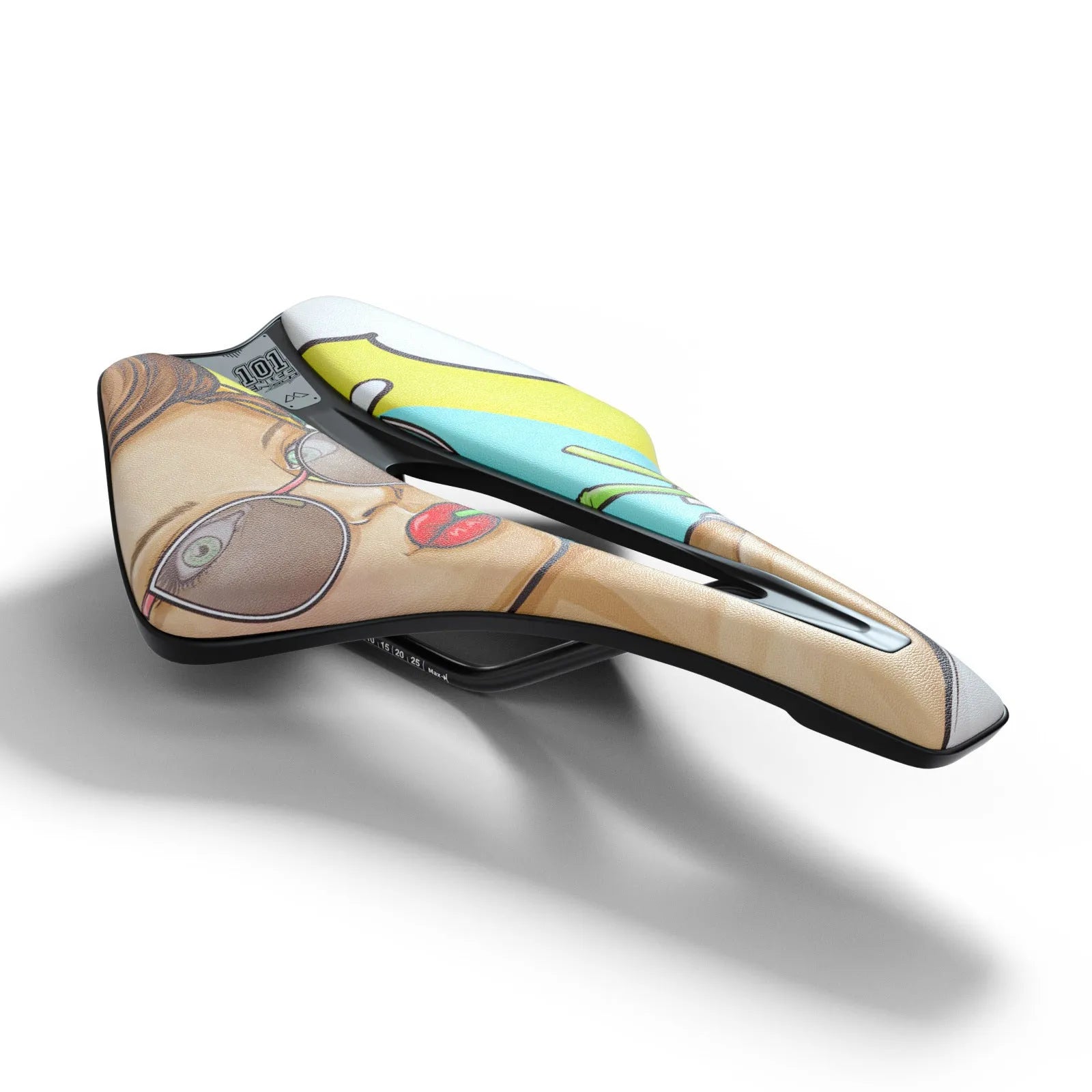 Ultra-light EVA cushion bike saddle with hollow design in PU leather, shown in multiple colour options.