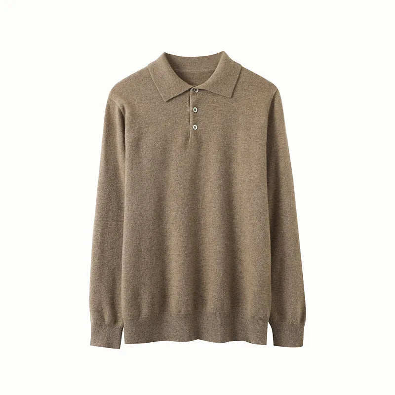 Men's cashmere polo collar pullover sweater in loose fit, shown in sapphire blue colour