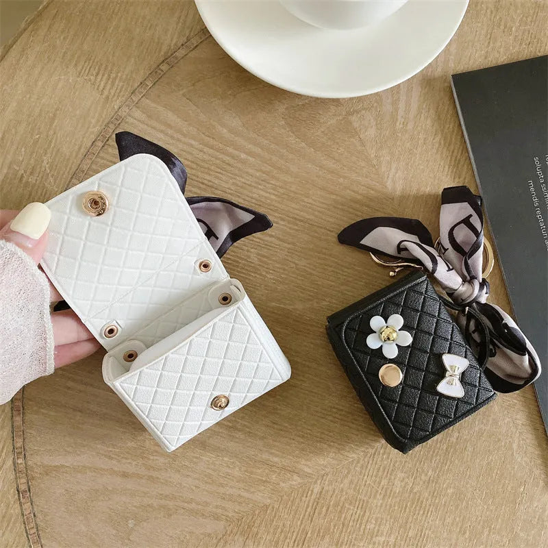 Korean Style Silk Scarf Earphone Bag for AirPods, Pink Faux Leather DIY Soft Shell Case