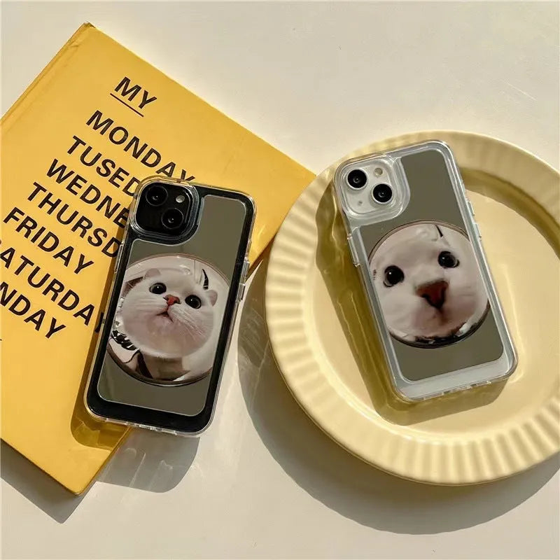 Mirror acrylic phone case with funny pet dog and cat design for iPhone, anti-fall protective back cover