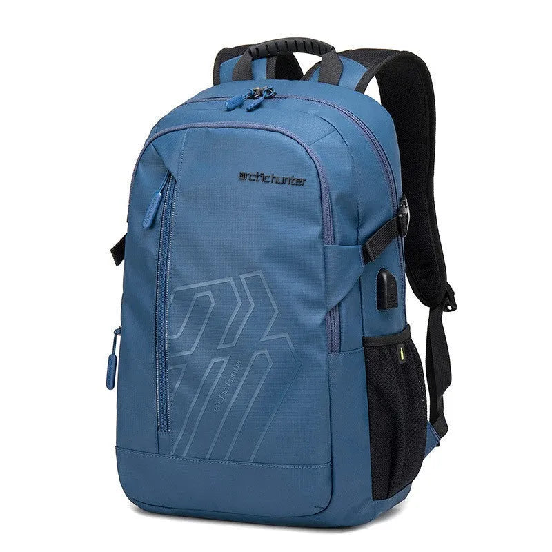 Casual plaid computer backpack with curved shoulder strap in black, blue, grey or orange colours