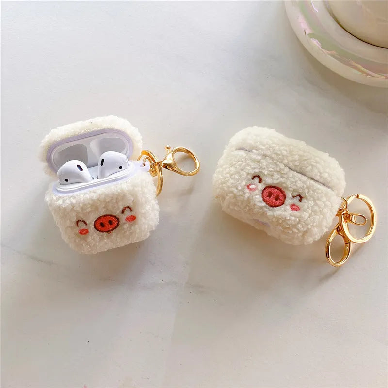 Beige plush pig flannel protective cover with bracelet for AirPods case, cartoon animal design