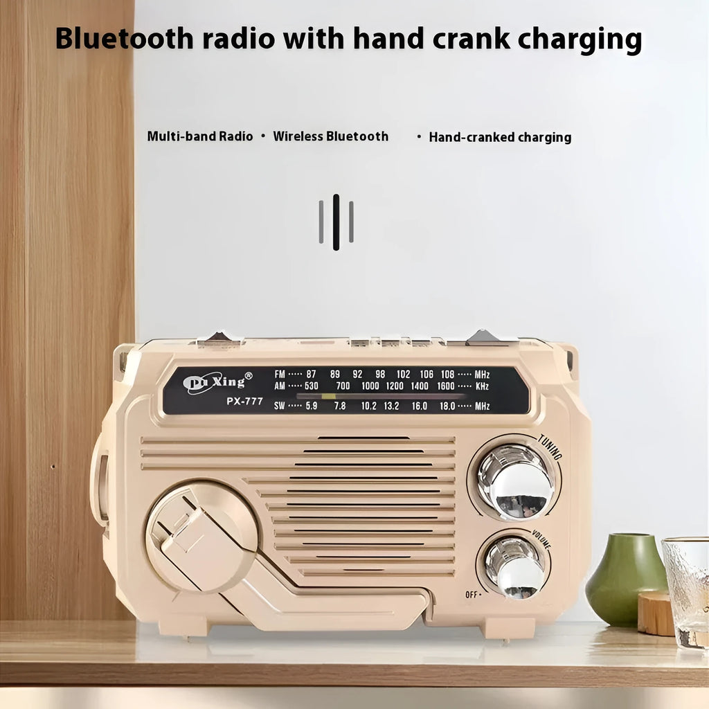 Hand portable radio with solar panel, aluminium alloy body, and Bluetooth speaker. 180x66x113mm size. Random colour.