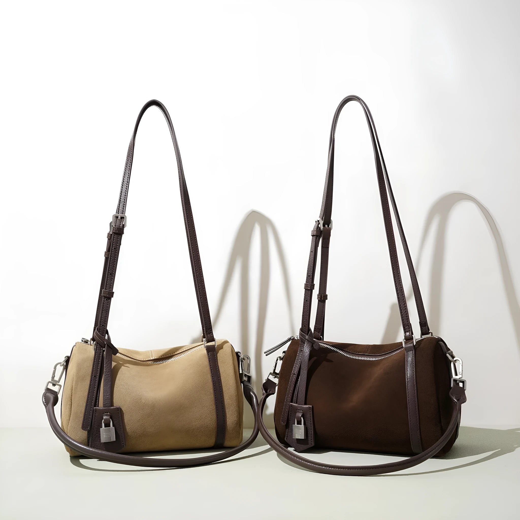 Retro first layer cowhide leather crossbody bag with double shoulder straps in apricot colour
