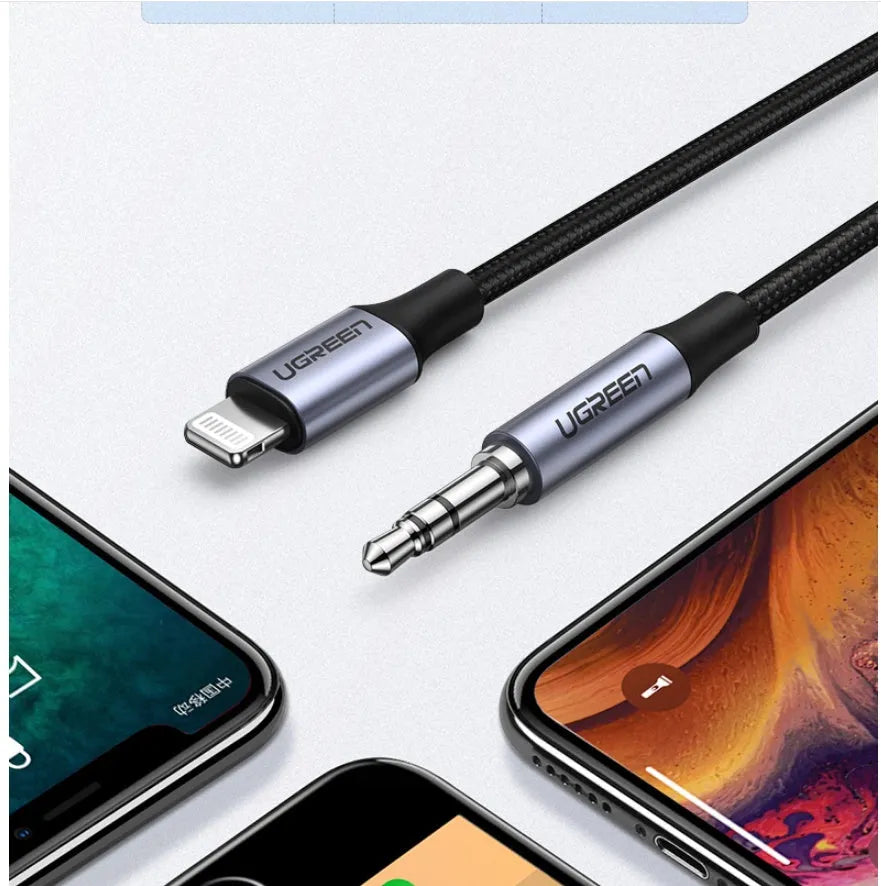 Black Apple Lightning to 3.5mm car audio adapter cable with aluminium shell and braided cable