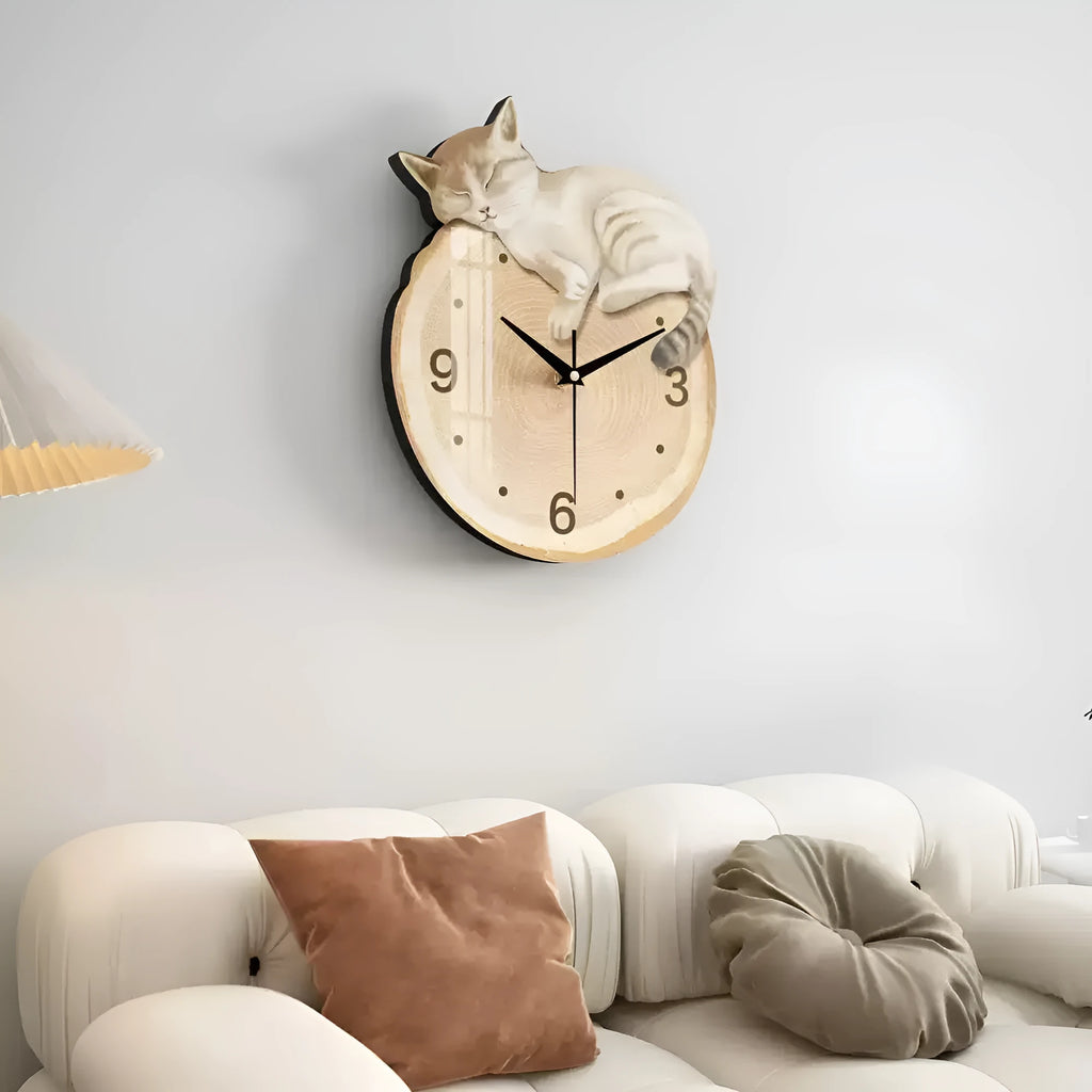 Cream style frameless poplar wall clock with silent movement and cat motif in oversized size