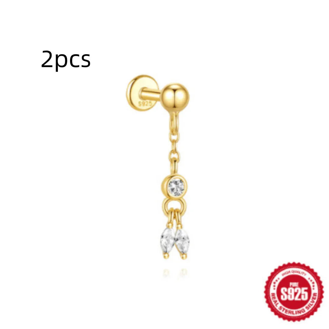 S925 sterling silver water drop shaped earrings with a flat spiral geometric design on a white background.