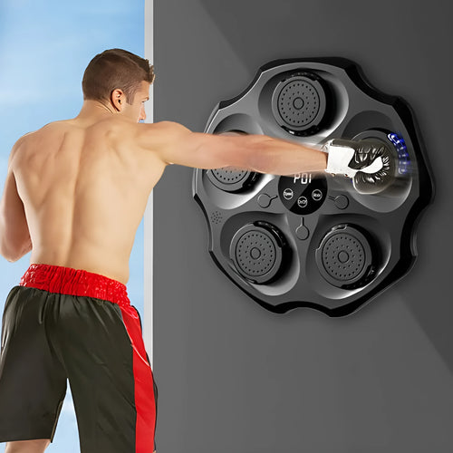 Black Bluetooth music boxing wall target hanging on a wall with paired boxing gloves.