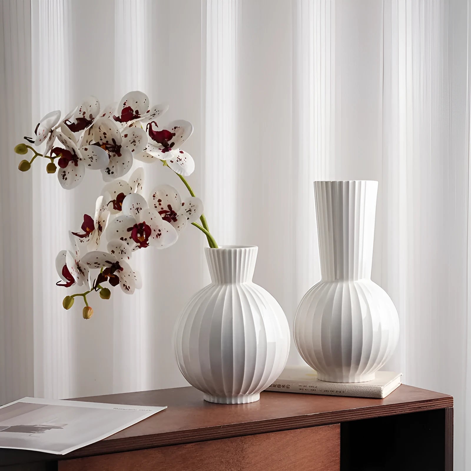White ceramic ball striped vase in American country style with optional artificial orchid arrangements