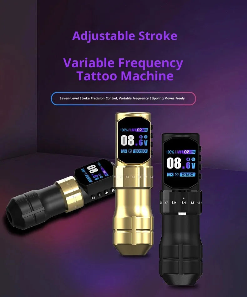 Adjustable stroke battery pen tattoo set with aluminium alloy wireless machine, 2000mAh battery, and accessories in a zipper box