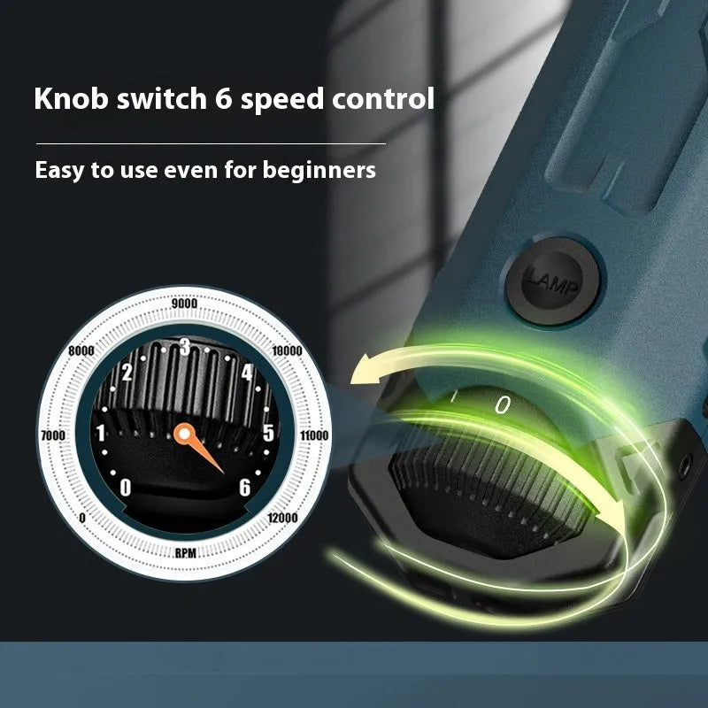 Dark blue pet nail grinder with rotary speed knob, LED light, and fine grinding head.