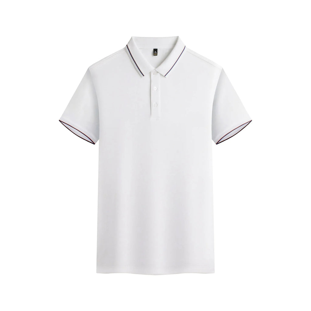 Men's navy blue short-sleeved polo shirt made from quick-drying polyester fabric for summer.