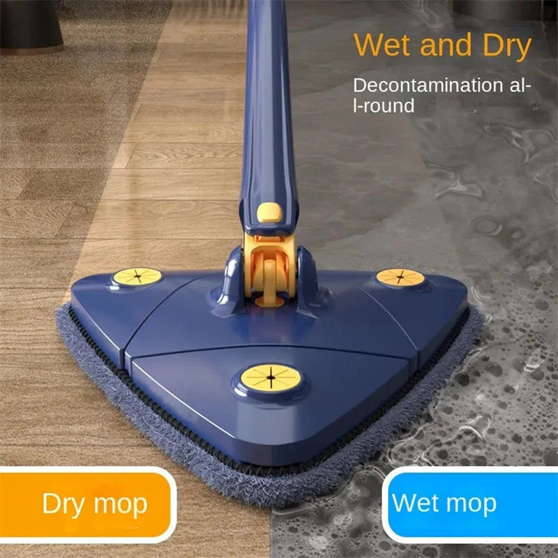 Blue triangle cleaning mop with rotating head and extendable stainless steel pole on a tiled floor