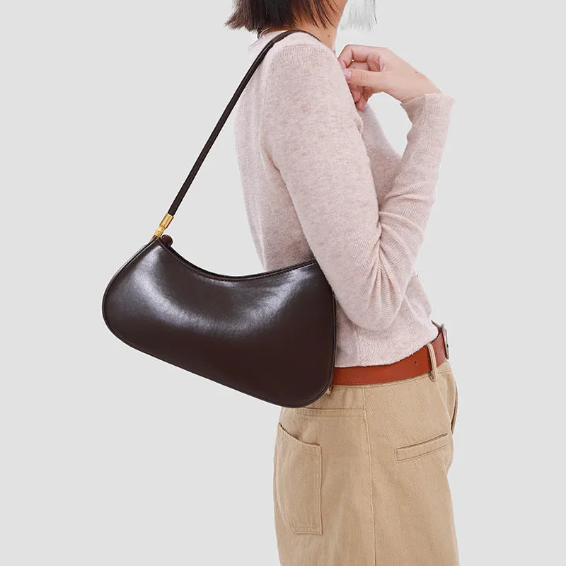 Women's retro oval underarm bag in PU leather with single strap and sandwich pocket