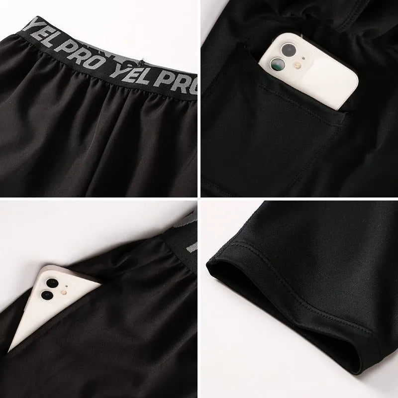 Men's grey quick-drying high elastic tight pants for running and fitness training.