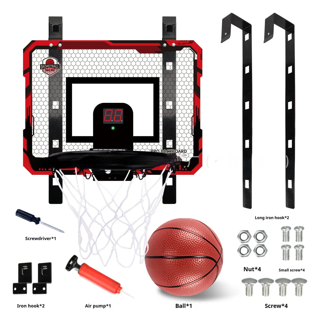 Red and blue folding basketball frame with suction cups and hook on a 400x300mm panel.