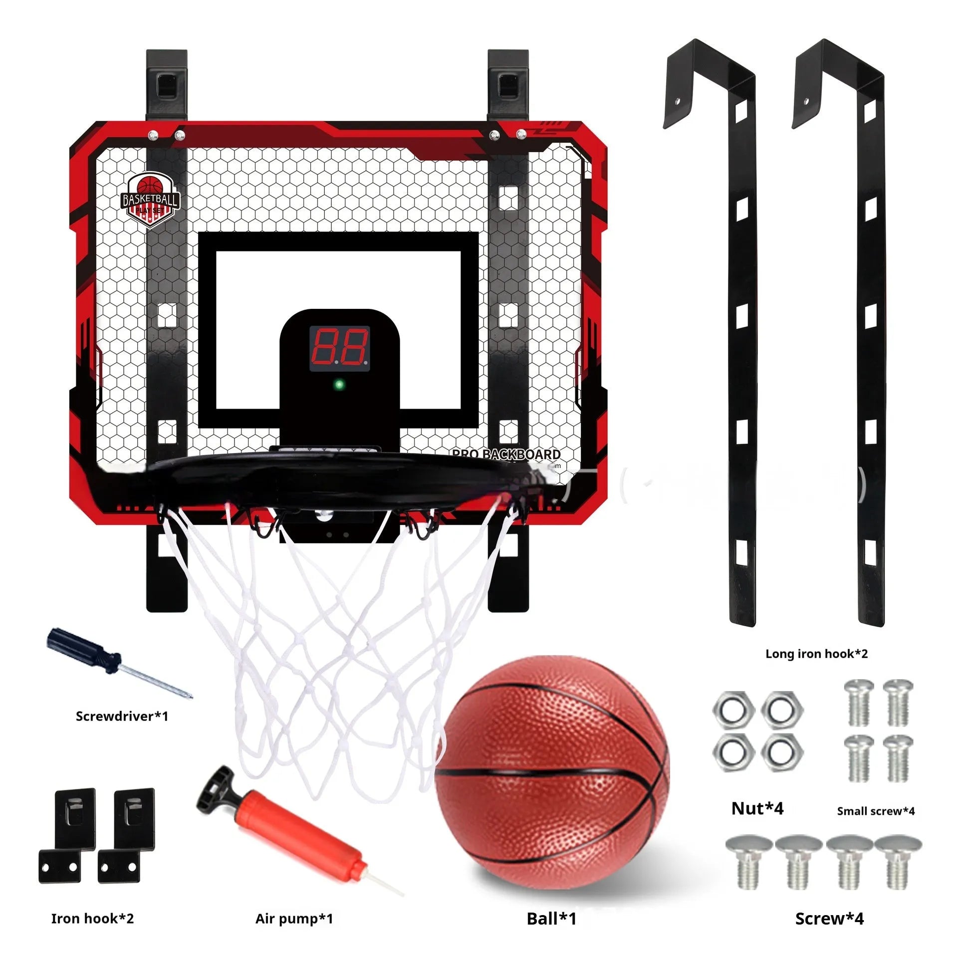 Red and blue folding basketball frame with suction cups and hook on a 400x300mm panel.