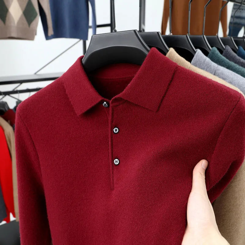 Men's turn-over collar polo shirt knitwear in fancy twill camel with long sleeves