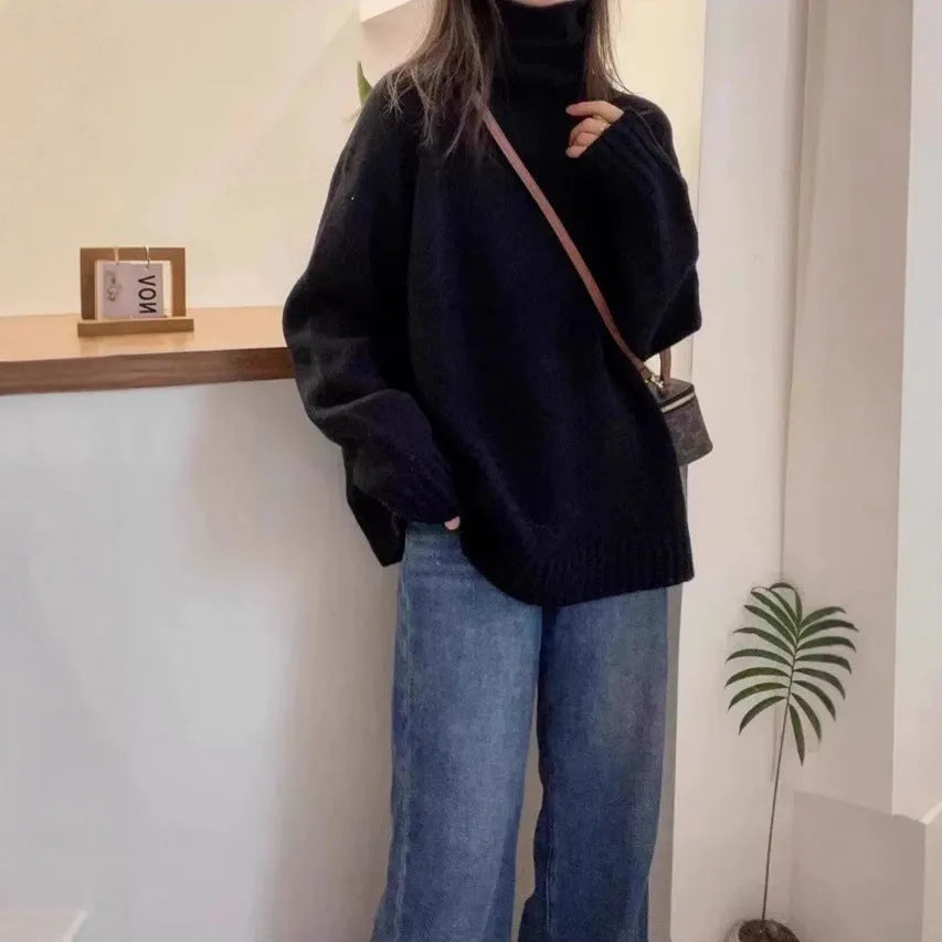 Women's loose fit turtleneck sweater with curling pile collar in thick polyester fabric